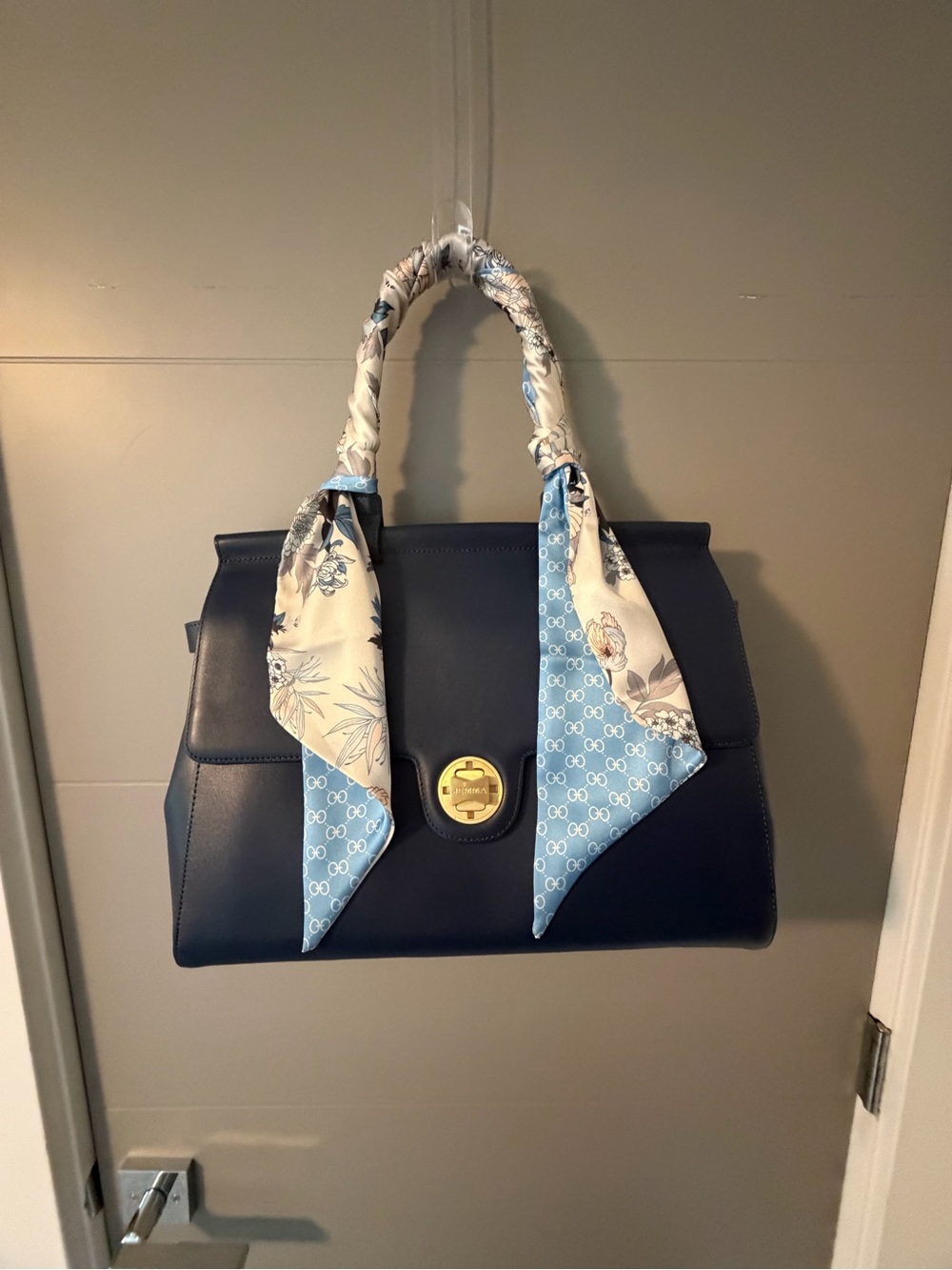 JEMMA NYC EMMA37 Navy Structured Top-Handle Tote with Silk Scarf-Wrapped Handle